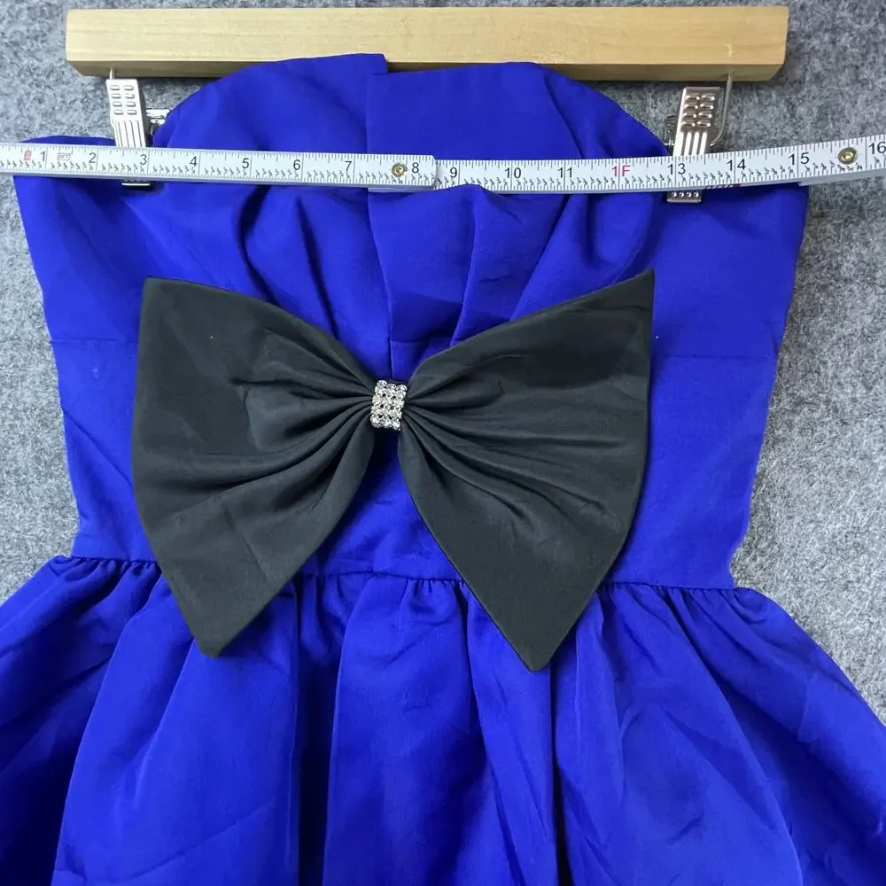 VTG Darcy 80s Peplum Cocktail Party Dress Small Blue‎ Black Bow Glam Statement